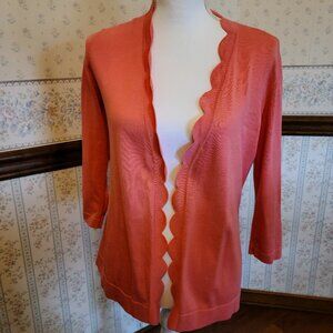 TALBOTS WOMEN'S CORAL PINK SCALLOPED EDGE OPEN CARDIGAN SIZE PETITE